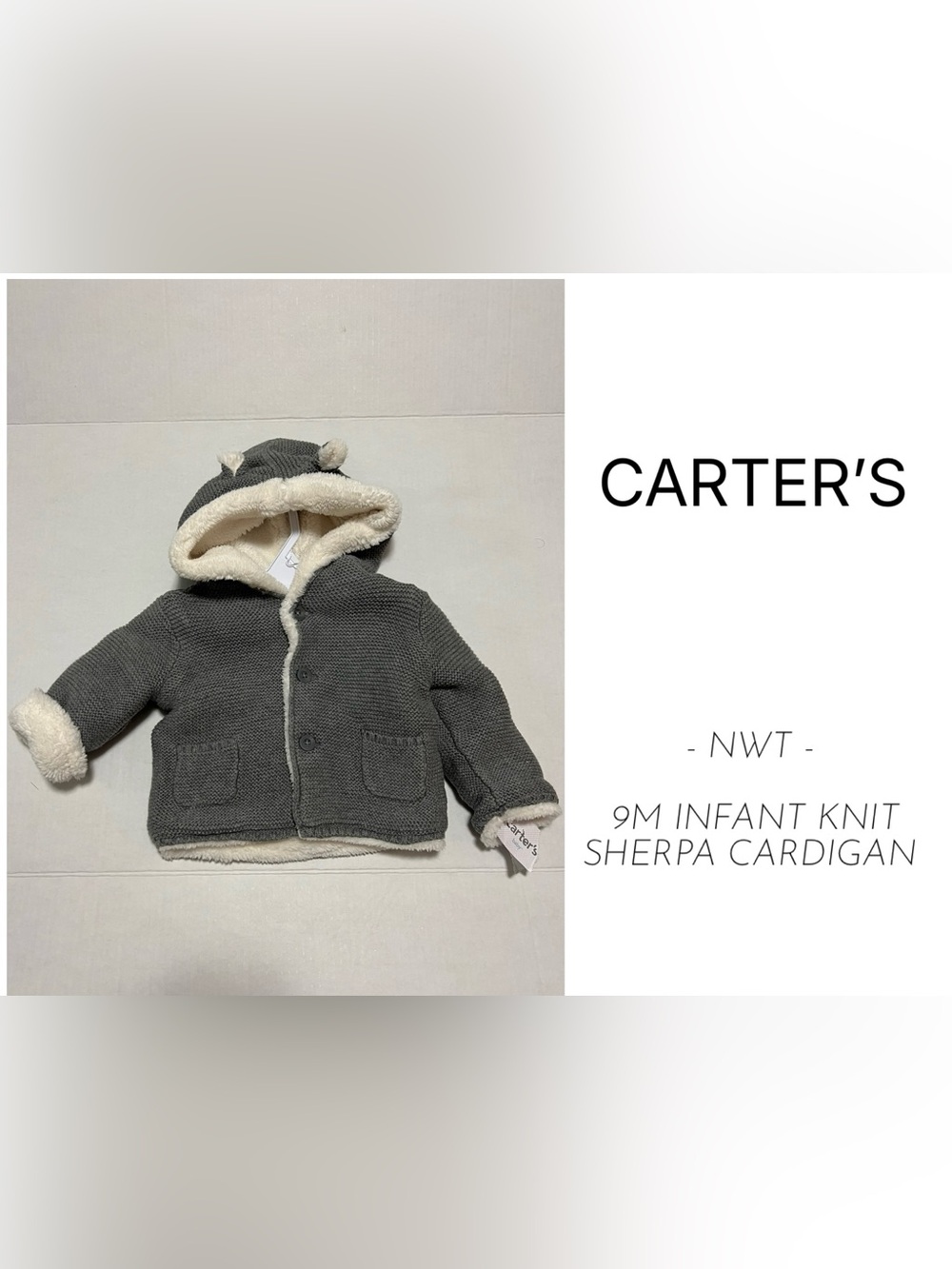 CARTER’S - 9M - NWT - INFANT GREY SHERPA KNIT CARDIGAN SWEATER